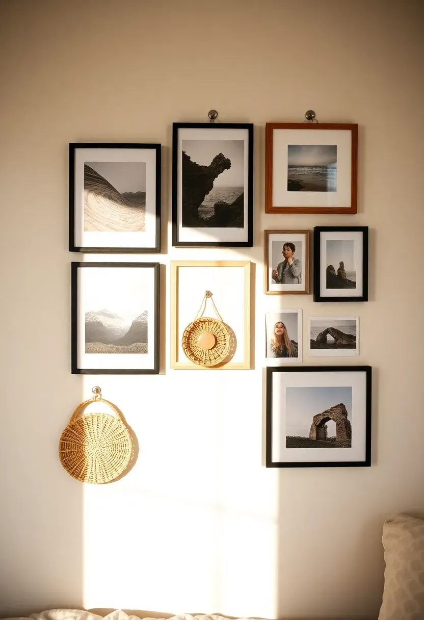command hook gallery wall in dorm room with framed photos postcards and small art prints