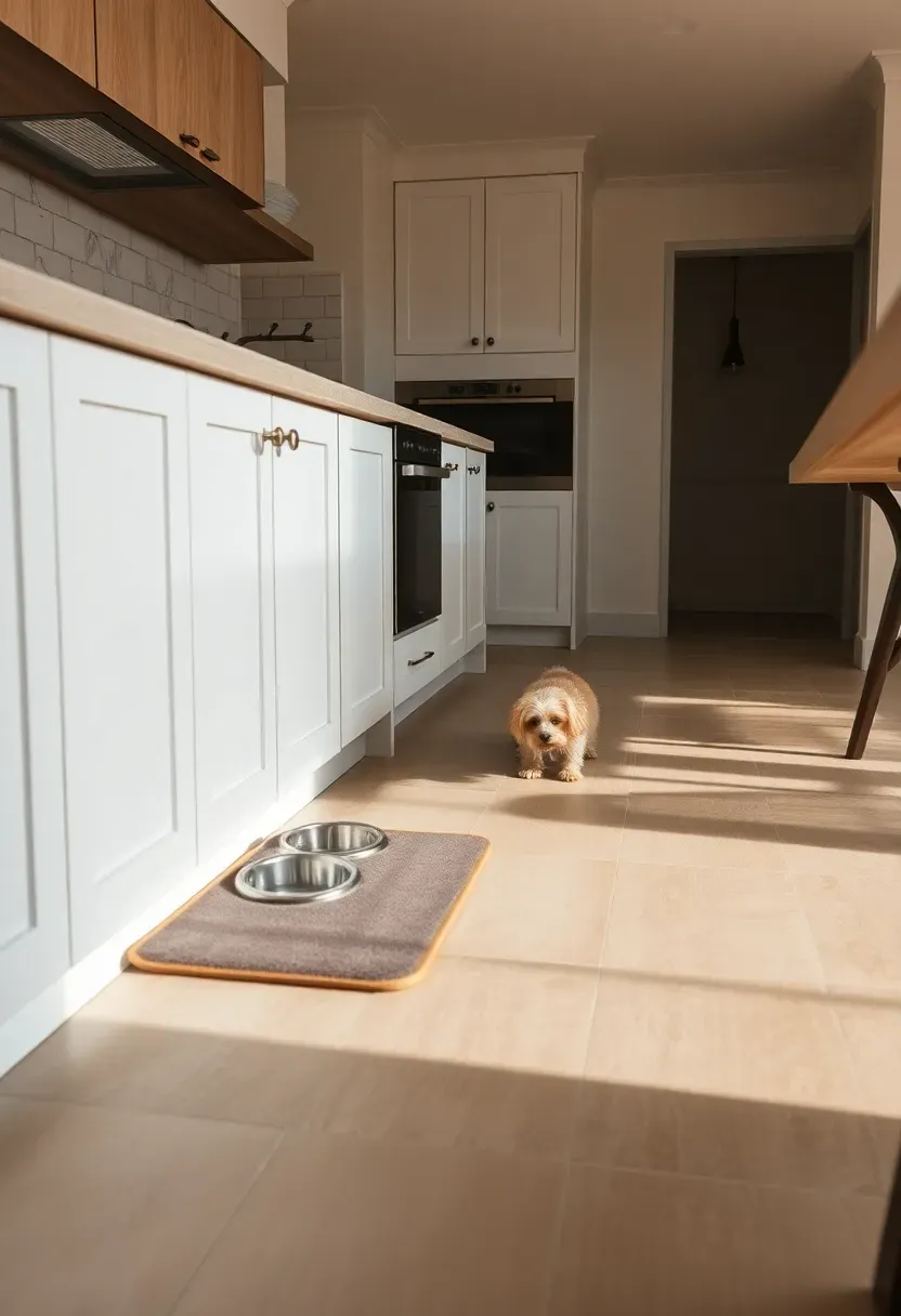 Modern white kitchen with toe-kick pet feeding station recessed into lower cabinet, two stainless bowls flush with anti-slip greige tile floor, small Shih Tzu eating beside island
