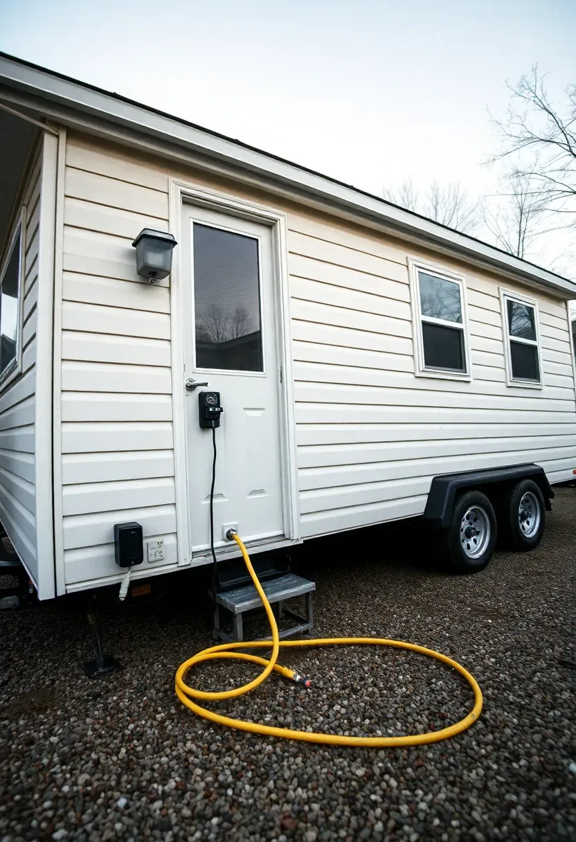 Hyper-realistic 3/4 view of a tiny house parked in a driveway with visible utility connections including electrical cord and water hose snaking across the ground to main house connections. Materials: vinyl siding, utility cables and hoses visible, gravel driveway surface. Neutral daylight showing infrastructure challenges. Parking uncertainty mood with visible temporary hookup arrangements and access limitations. Shallow depth of field, sharp utility details, realistic constraint composition. No text, no logos, no watermarks.</p>