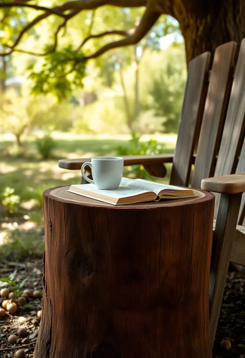 A large tree stump sanded smooth on top and used as a side table next to an Adirondack chair, with a coffee mug and a book resting on the surface in a shaded backyard corner