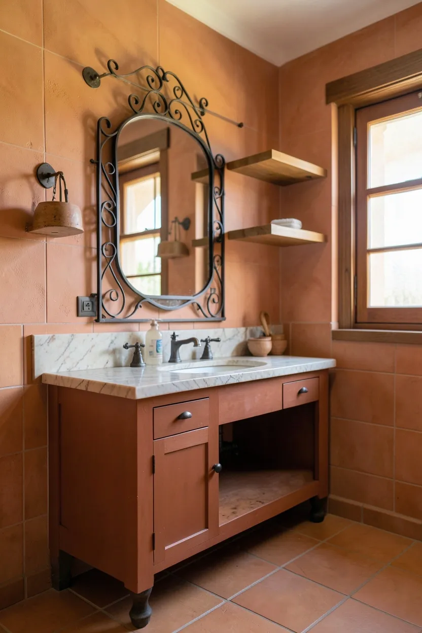 Mediterranean-style bathroom with terracotta floor tiles, cream vanity, wrought iron fixtures, and potted greenery