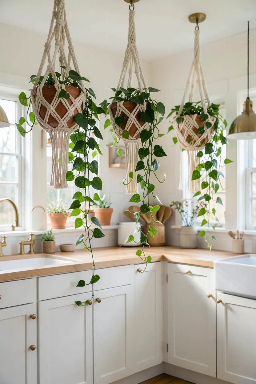 Hyper-realistic eye-level photograph of a boho kitchen with macramé plant hangers suspended from the ceiling. Three macramé hangers in natural cream cotton hold trailing plants like pothos and ivy that cascade down toward the countertop. The plants have lush green leaves with healthy growth. Below, white shaker cabinets and light wood countertops. Brass fixtures and pendant lights visible. Natural daylight streaming through windows. Materials: cotton macramé, live plants, white painted wood, light oak, brass. Natural and organic boho mood. Sharp focus on macramé patterns and plant foliage. No text, no logos, no watermarks.</p>