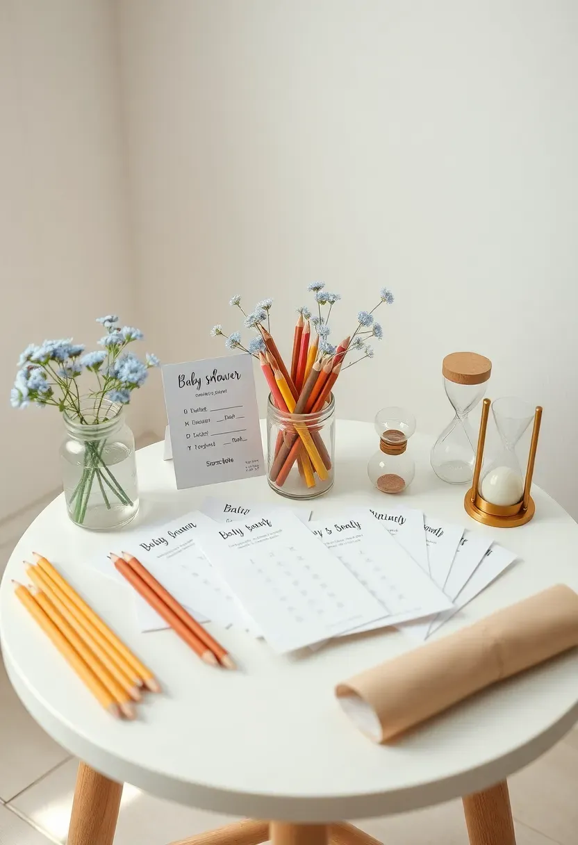 baby shower games corner with printed game cards, coloured pencils in glass jar, hourglass timer, and pale blue wildflowers