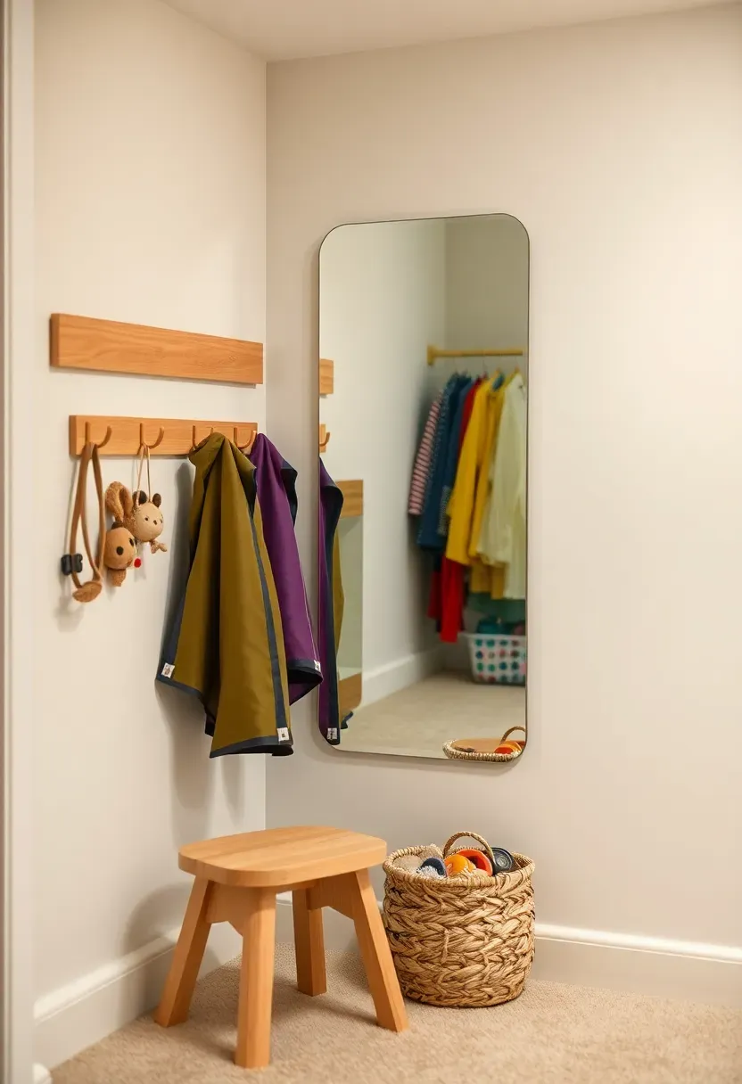 dress-up corner in basement playroom with costume hooks full-length mirror and accessories basket
