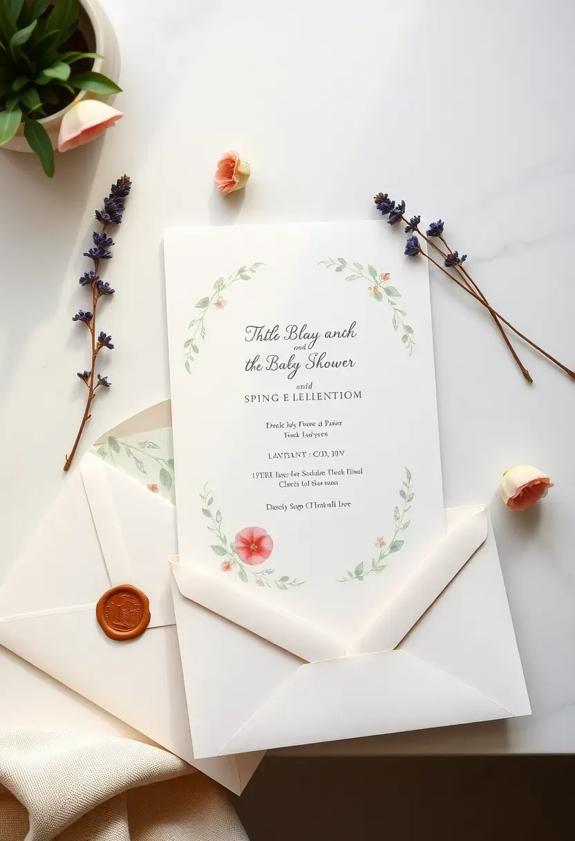 Spring garden baby shower invitation flat lay with botanical watercolor border, vellum overlay, and wax seal on marble