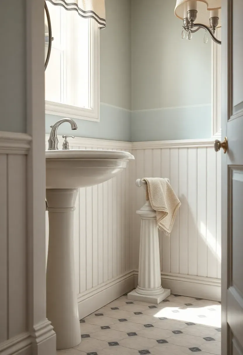 Tall PVC baseboard with a crown molding profile in a bathroom with wainscoting and a pedestal sink