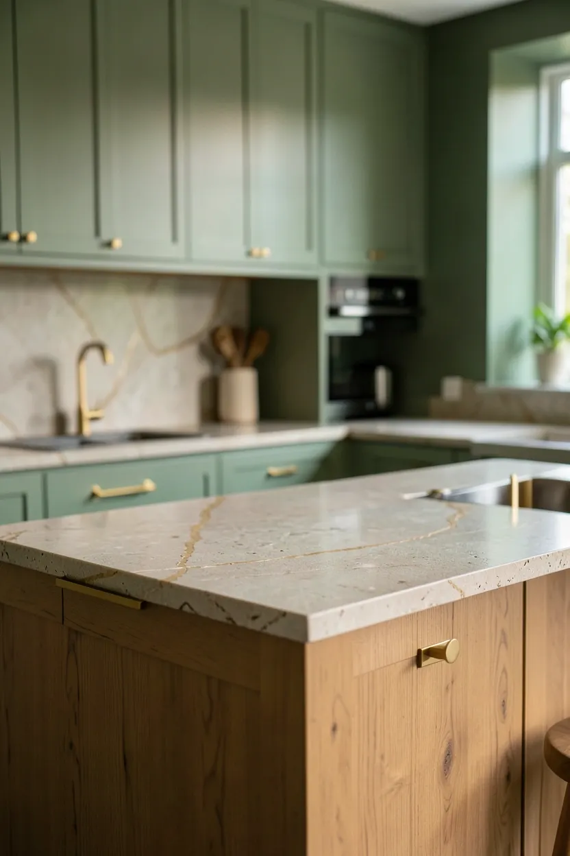 Sage green kitchen cabinets paired with a white marble countertop and brass hardware in a serene modern boho kitchen