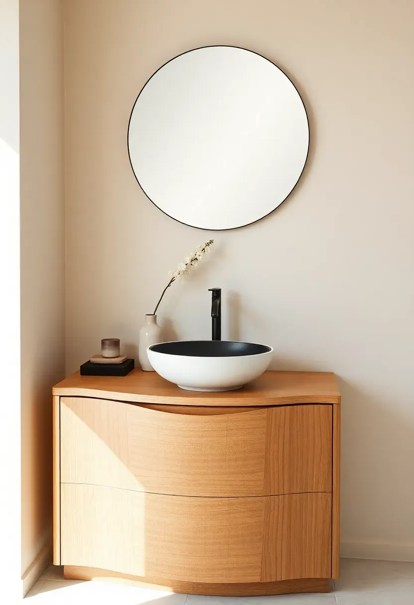 Modern bathroom vanity with curved edges and soft rounded shape in warm oak finish