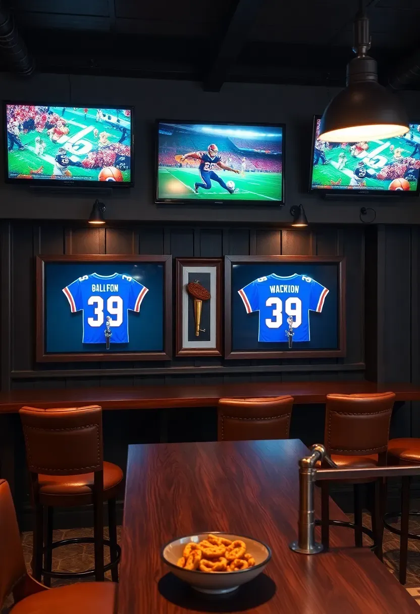 Basement sports bar with three large TVs mounted above the bar, team jerseys in shadow boxes, and high-top seating with leather cushions