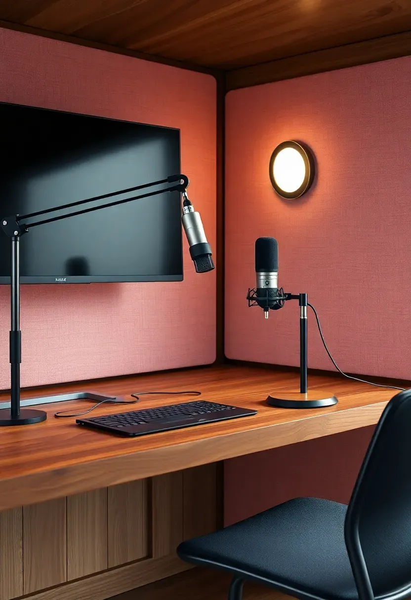 She shed podcast and content creation suite with floating walnut desk, condenser microphone on boom arm, blush linen acoustic panels on rear wall, ring light, and large monitor