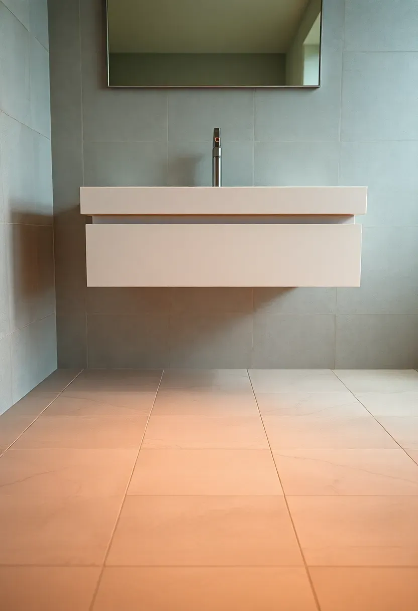 Smart LED bathroom mirror with invisible display panel and touch controls above a modern vanity, appearing as a standard elegant mirror