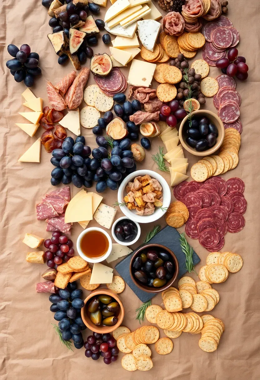Large grazing table spread for an engagement party with charcuterie, cheeses, fruits, crackers, honeycomb, and small floral accents on a wooden board