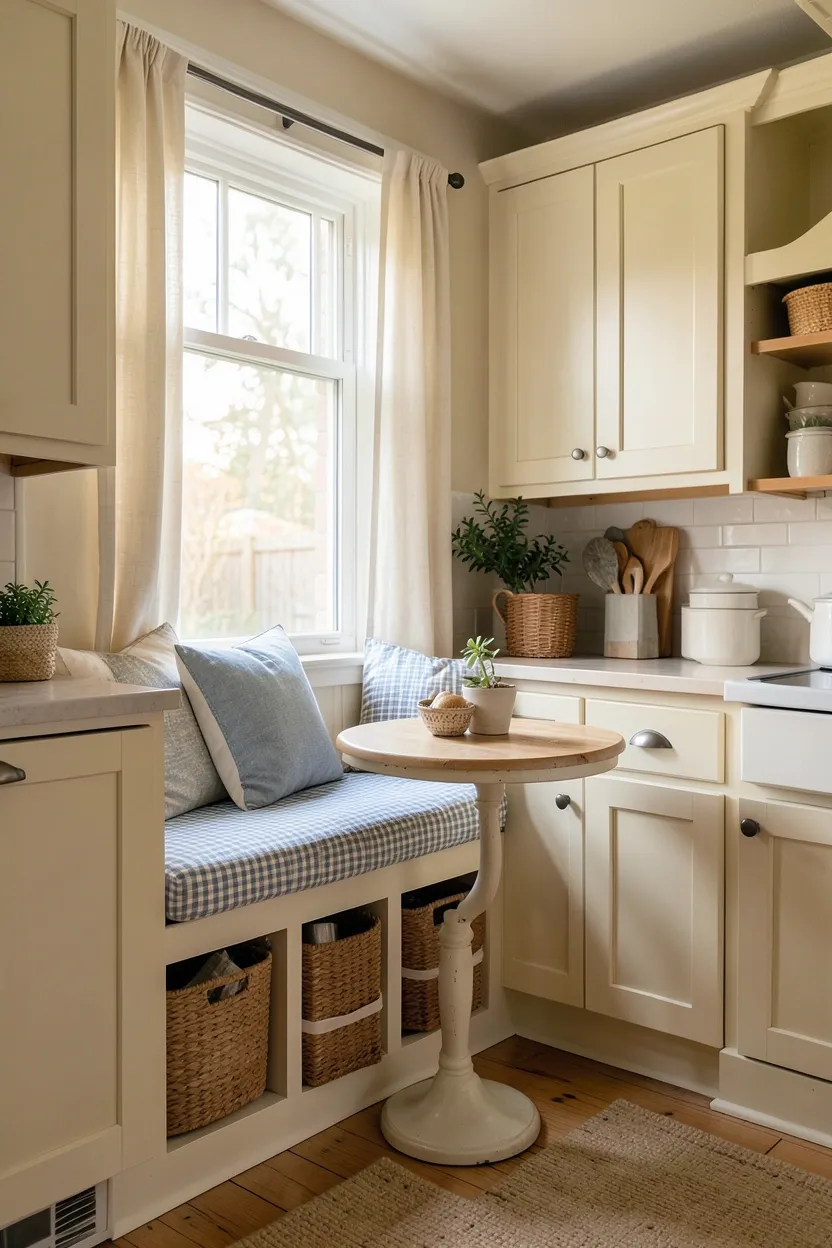 Cozy window seat nook in a small farmhouse kitchen with built-in storage beneath and gingham throw pillows