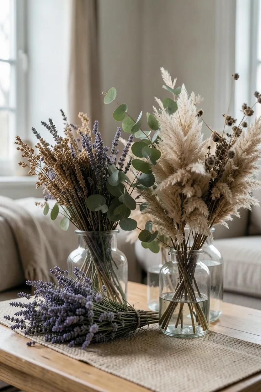 Dried pampas grass, lavender, and preserved eucalyptus arranged in simple ceramic vessels on a shelf in a warm Scandinavian boho living room