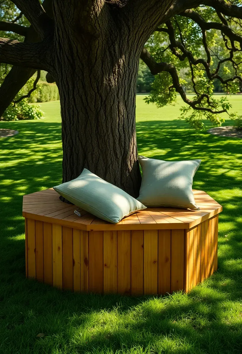 Hexagonal wooden bench built around the trunk of a large oak tree with scattered cushions and a view of a green backyard lawn