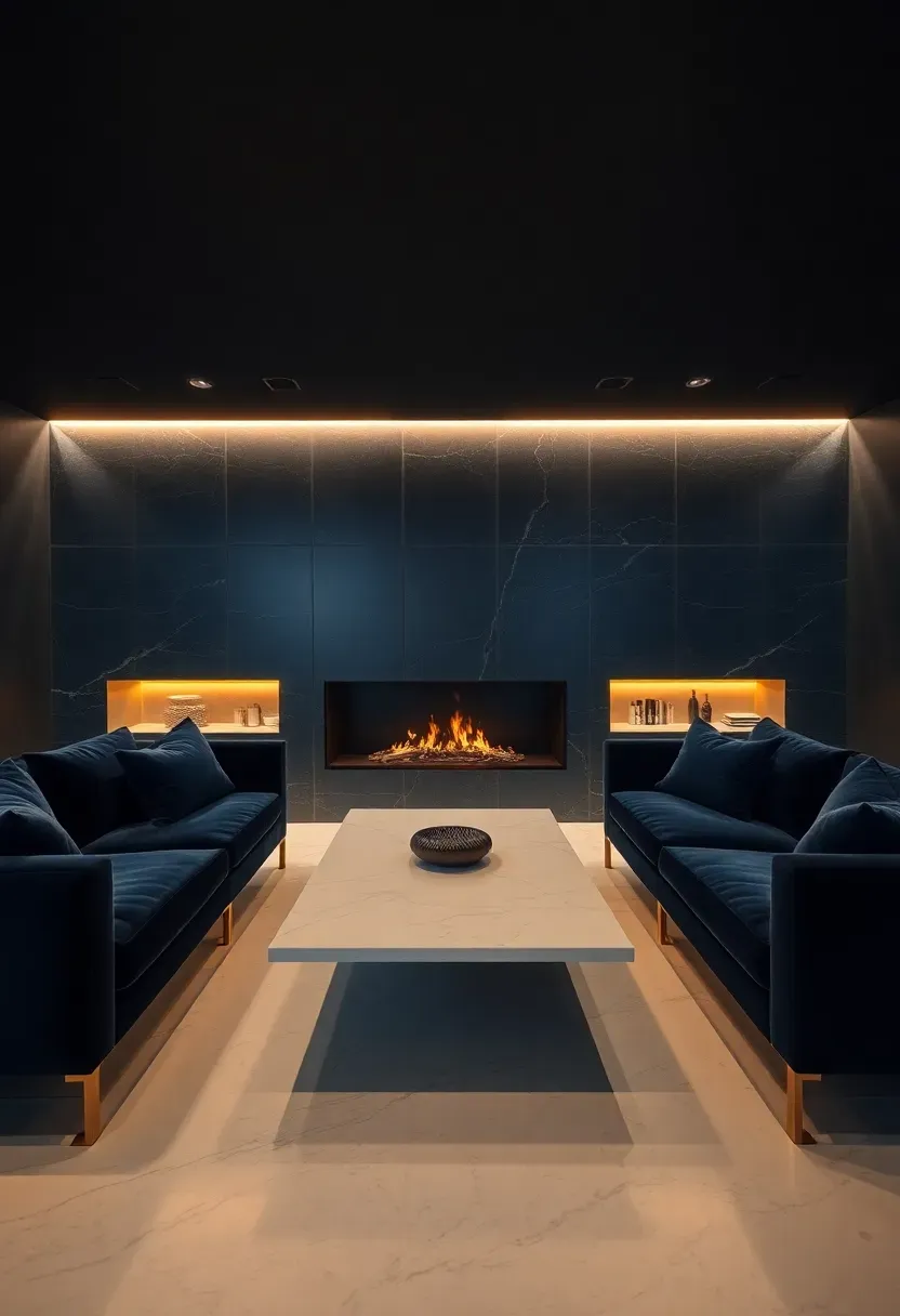 Luxury basement lounge with a linear gas fireplace, stone feature wall, deep velvet sofas, and soft ambient floor lighting