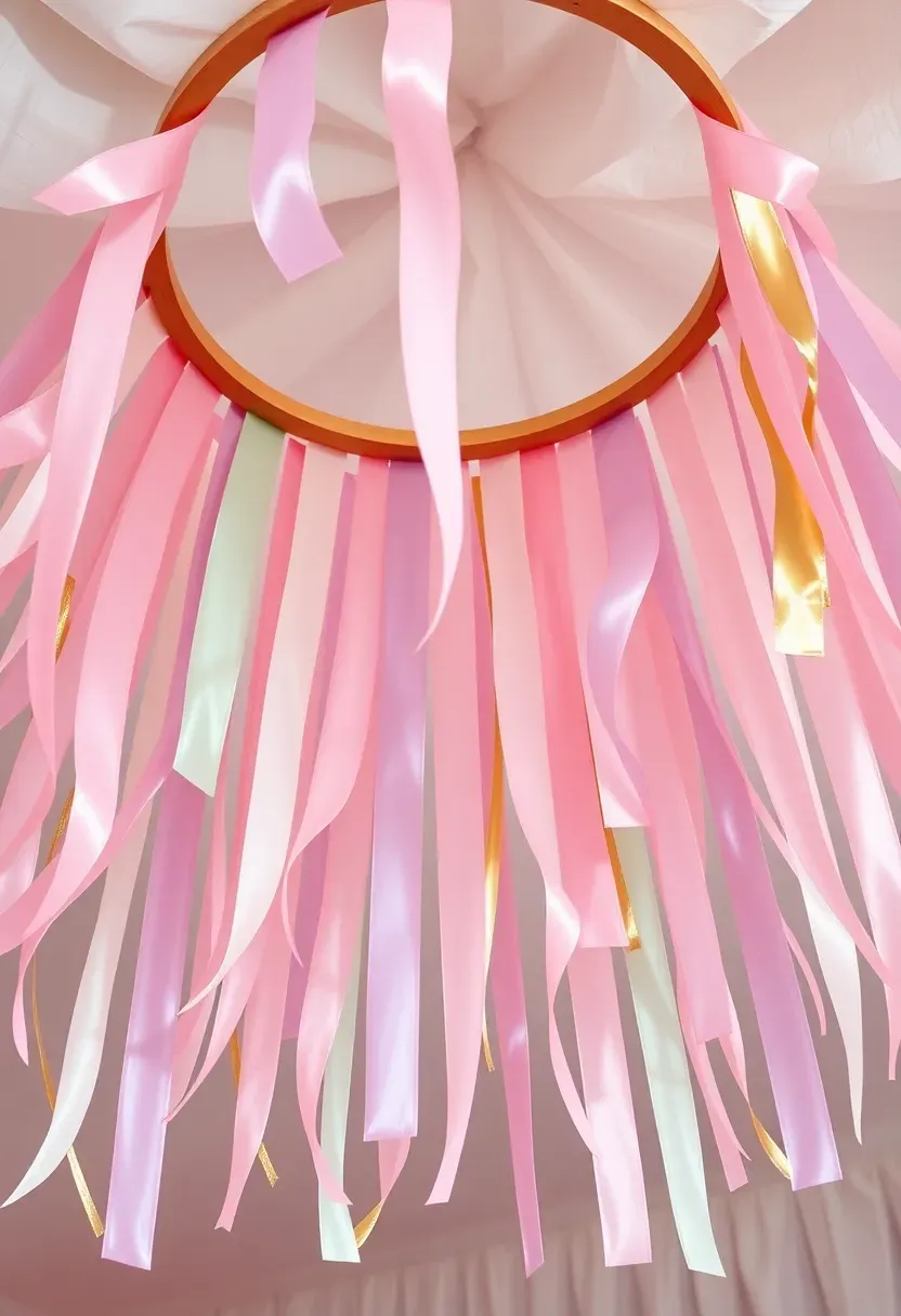 whimsical ribbon chandelier ceiling feature at a baby shower with cascading satin and organza ribbons in pastel colors hanging from an embroidery hoop frame