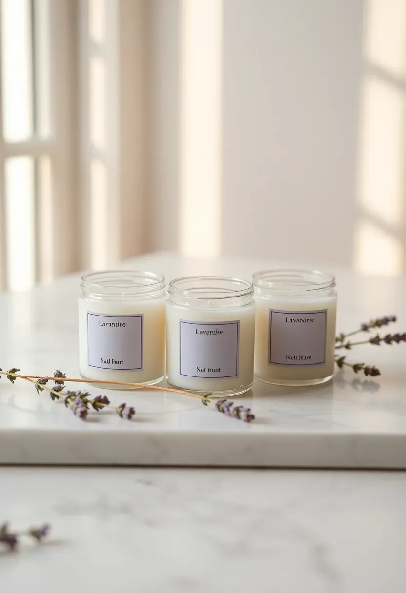 set of three small scented candles in frosted glass jars with pastel labels arranged on a marble tray beside dried lavender sprigs