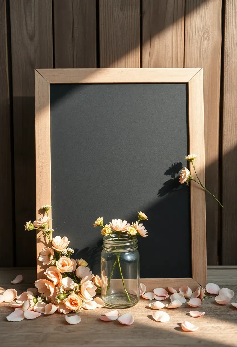 chalkboard sign framed with fresh blush flowers as a bouquet bar welcome display