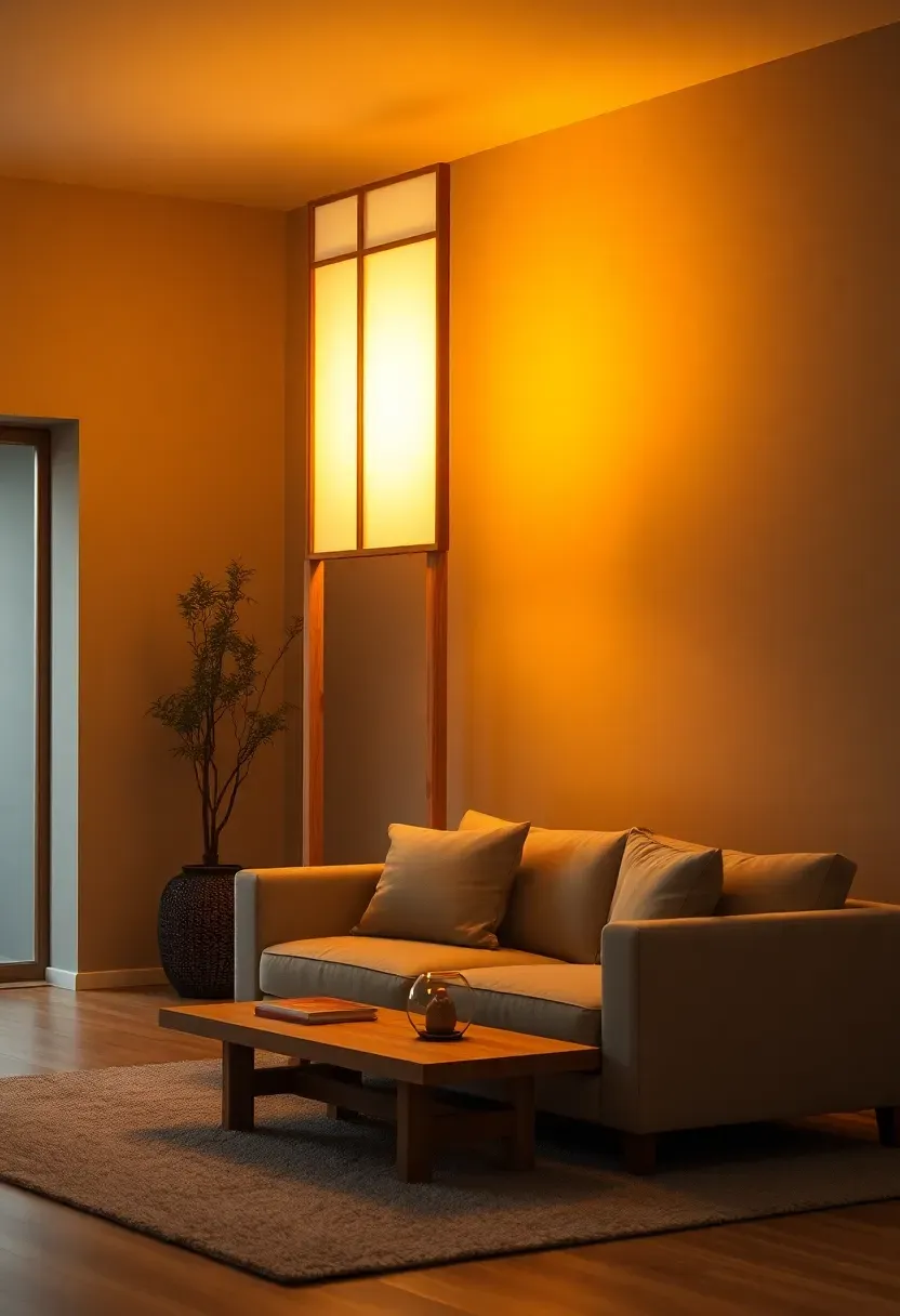 Hyper-realistic 3/4 view of a minimalist Japandi living room featuring large floor lamp with shoji screen inspired design—light oak frame with rectangular frosted glass panels emitting soft warm light, low sofa, wooden coffee table. Materials: warm gray walls, light oak lamp frame, frosted glass panels, beige sofa, wool rug. Evening interior with warm lamp glow creating soft shadows, serene and cozy atmosphere. Sharp details on wood grain and glass texture, no clutter, no text, no watermarks.</p>