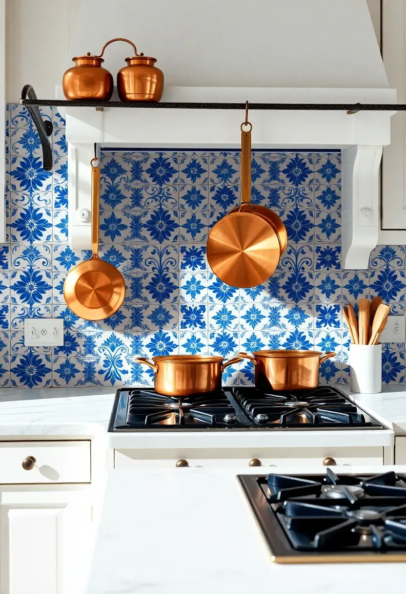 blue and white patterned Portuguese azulejo tile backsplash in a bright white kitchen with copper pots hanging above range