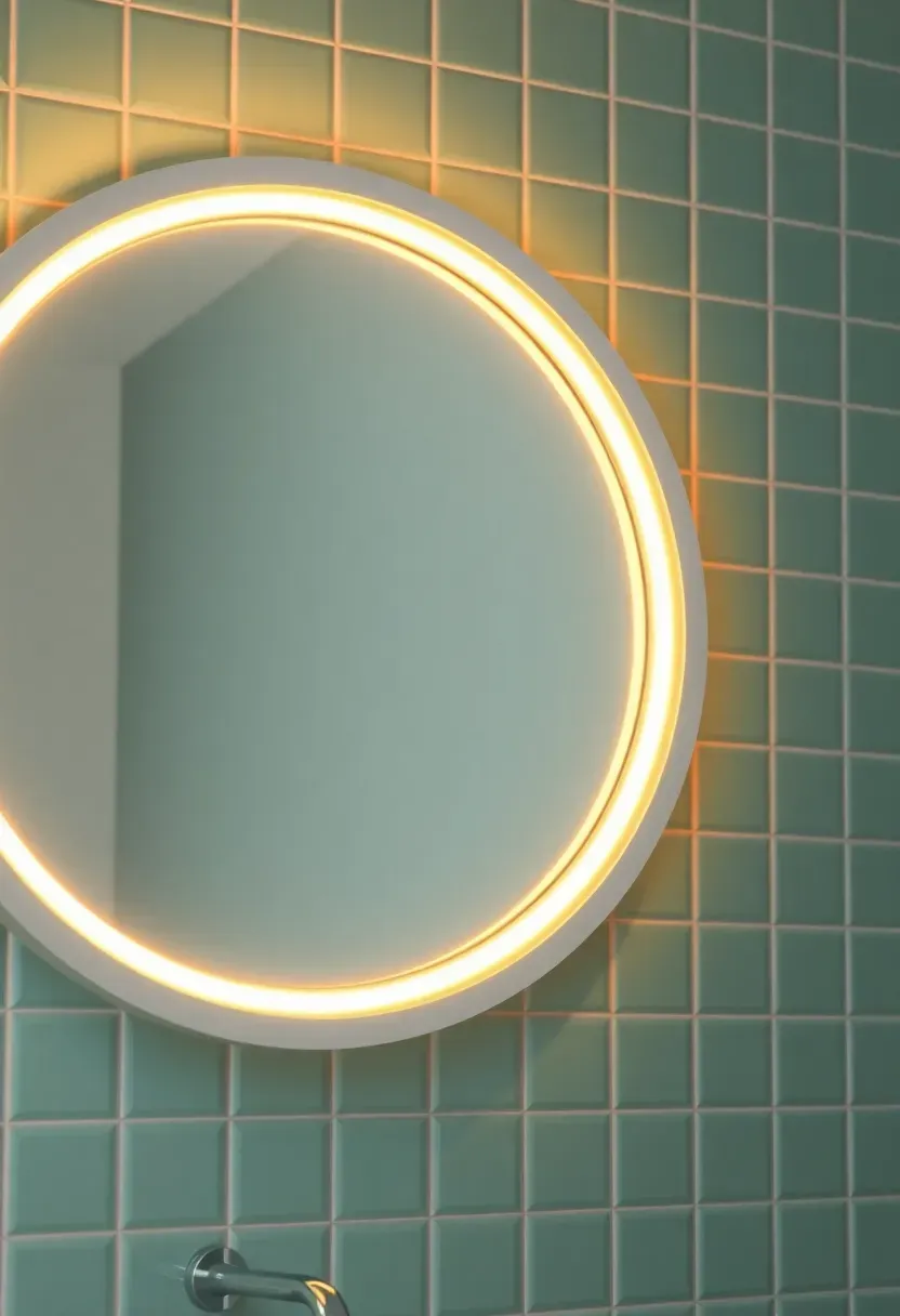 Round bubble-shaped bathroom mirror with warm LED halo glow mounted at child's eye level in a colorful kids' bathroom
