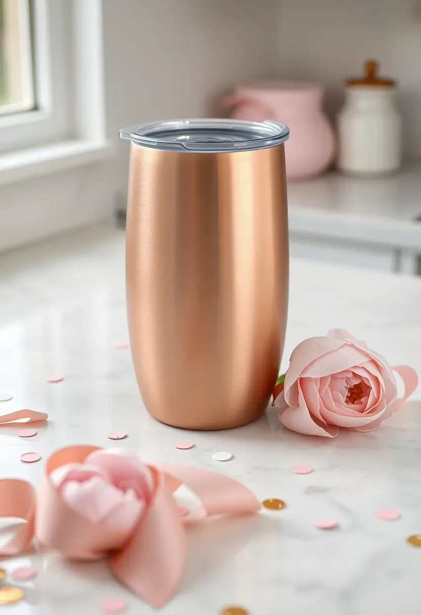 stainless steel wine tumbler with humorous mom quote surrounded by confetti and ribbon