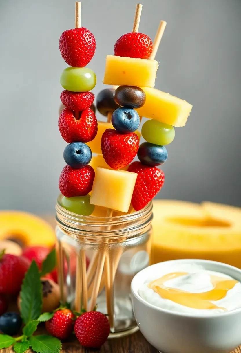 colorful fruit kabobs with strawberries blueberries grapes and pineapple chunks next to a honey yogurt dipping bowl at a baby shower