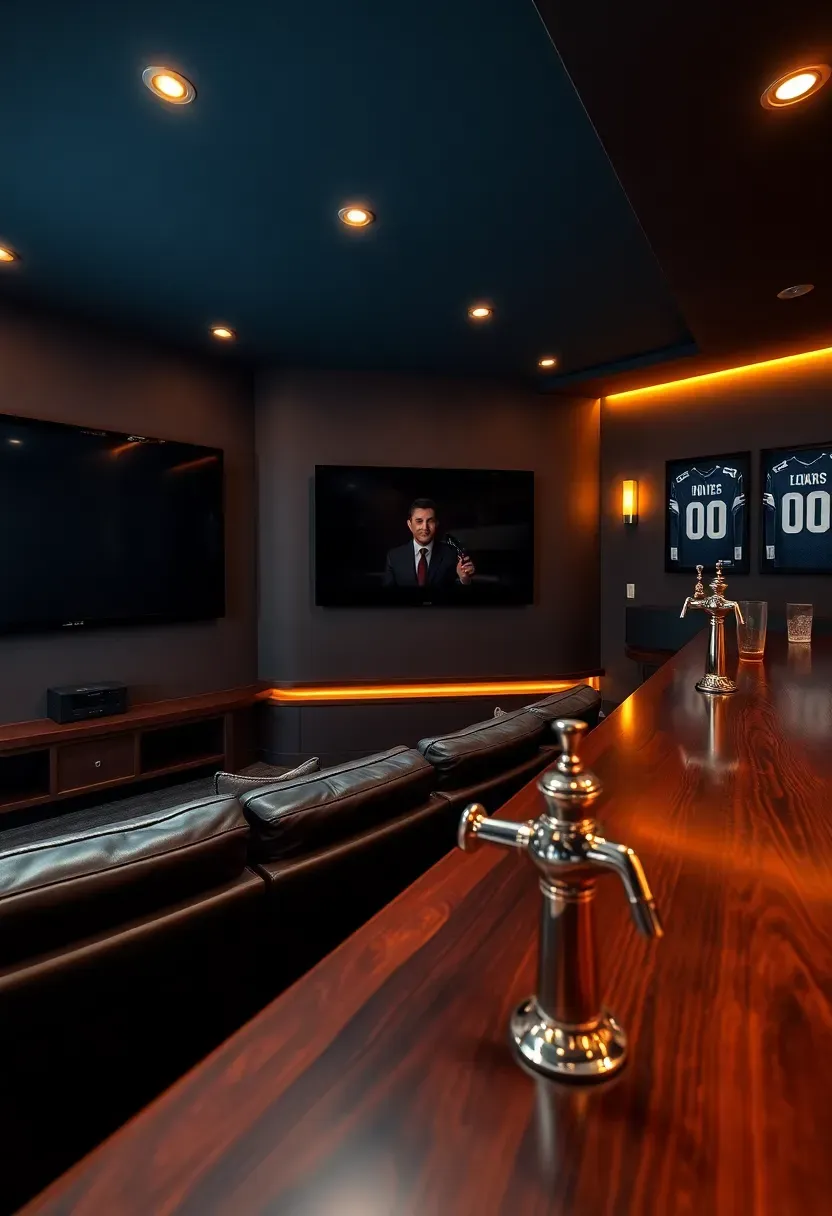 Sports bar themed home theater with multiple large screens, stadium-style seating, beer tap system, team jerseys framed on walls, and dark moody lighting
