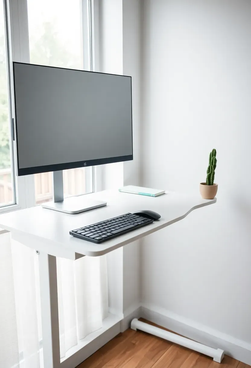 Minimalist standing desk near window with height-adjustable white frame, monitor riser and ceramic cactus pot