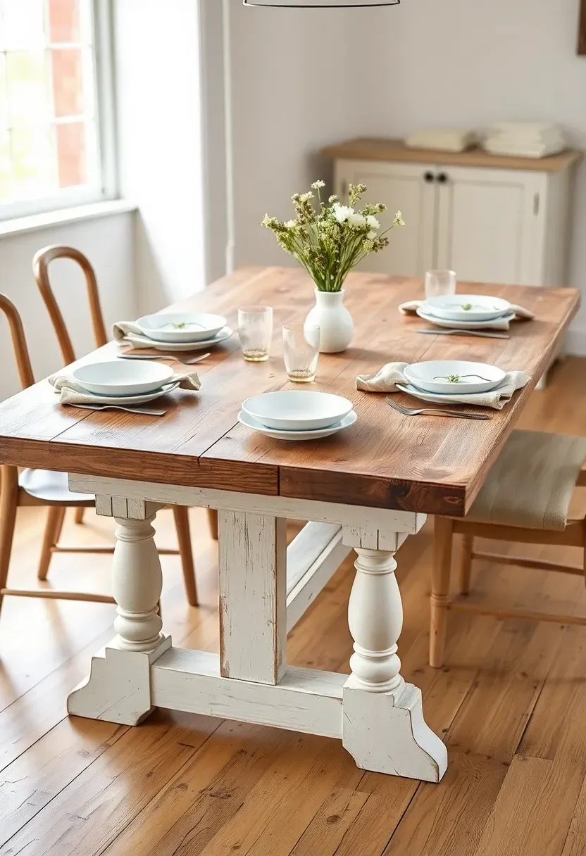 Rustic farmhouse trestle dining table with weathered pine top and whitewashed turned legs set for a casual meal