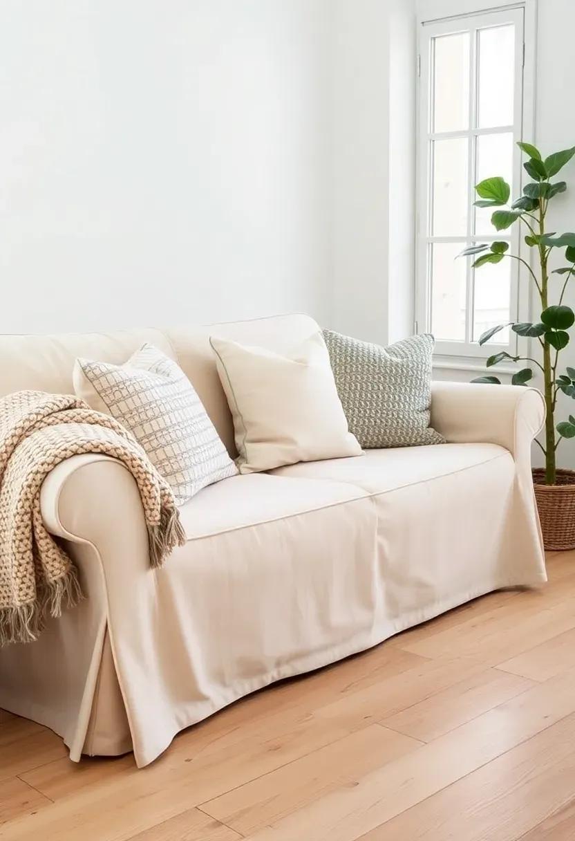 Bright living room with an older sofa covered in a tailored natural linen slipcover, styled with textured throw pillows and a knit blanket