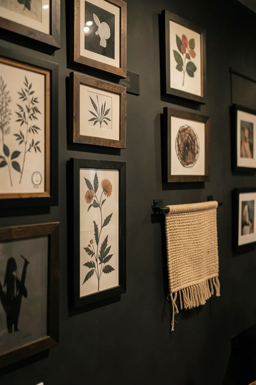 Gallery wall with dark wood frames displaying botanical prints and abstract art in a moody dark boho living room — no-drill rental idea