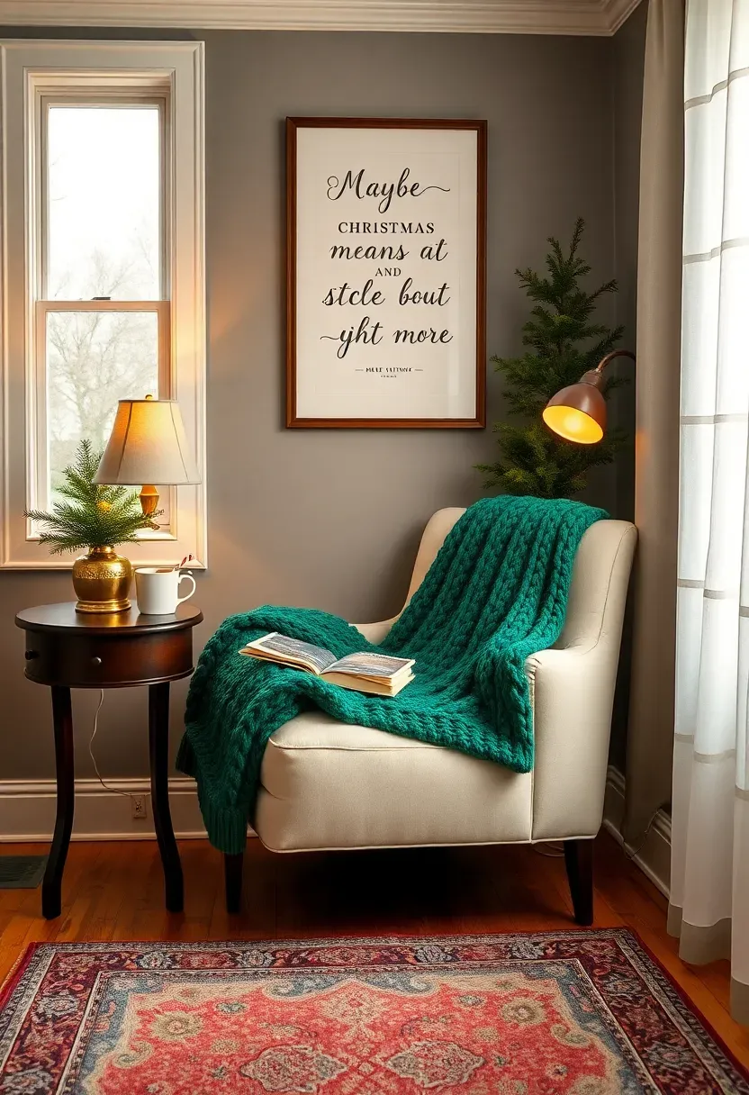 Hyper-realistic wide shot of a window reading nook with cream upholstered armchair, emerald green chunky knit throw blanket draped over arm, dark wood side table with vintage hardcover book 