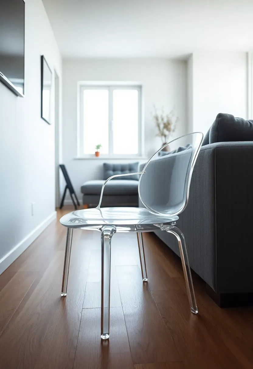 Hyper-realistic view of small minimalist living room featuring transparent acrylic accent chair, chair nearly invisible showing oak floor and gray sofa through it, apartment living room, compact arrangement, white walls. Materials: clear acrylic chair with minimal lines, oak floor visible through chair, gray sofa, white walls. Natural light, nearly-invisible seating mood. Transparent chair preserving visual space, shallow depth of field, no text, no logos, no watermarks.</p>