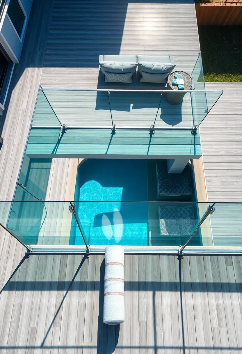 Two-level backyard pool deck with the upper observation level featuring a glass panel railing and the lower level wrapping around a rectangular swimming pool