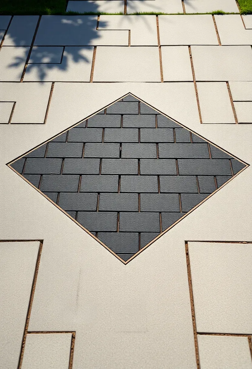 Geometric diamond pattern inlaid in a contrasting color within a rectangular paver patio