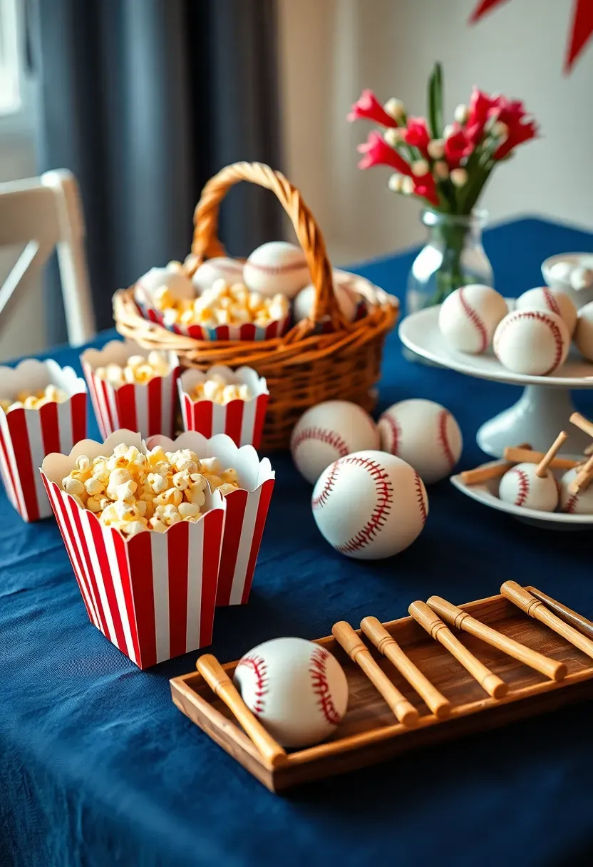 baseball themed baby boy shower with red white and blue decorations, mini baseball bat utensils, popcorn boxes, a diamond shaped dessert layout, and a rookie of the year banner