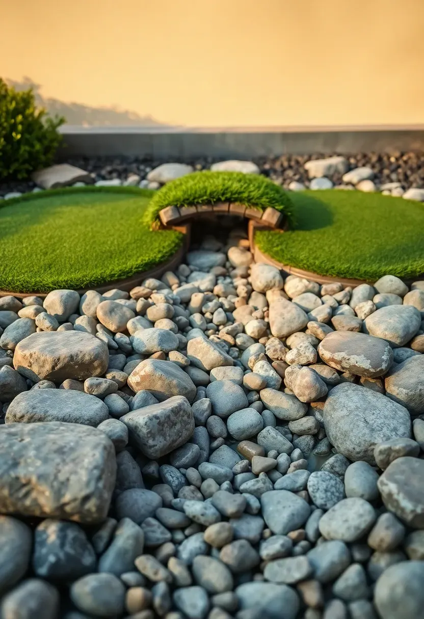 Two putting green areas connected by a narrow turf bridge over a dry creek bed of decorative river rock