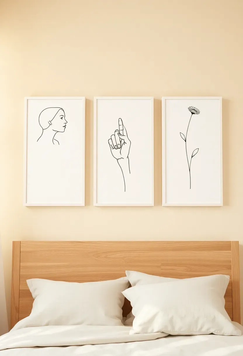 three minimalist line art prints in slim white frames arranged horizontally on a bedroom wall
