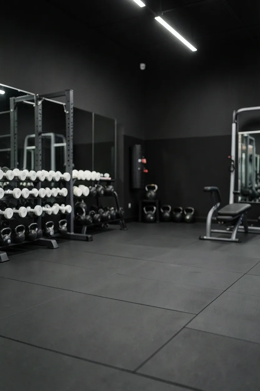 Charcoal gray rubber flooring tiles in a dark home gym providing shock absorption and noise reduction for a small apartment workout space