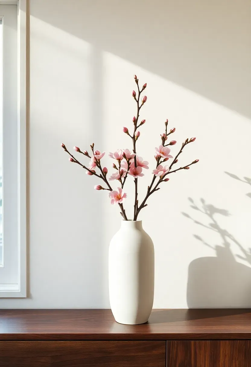 cherry blossom branches in a tall ceramic vase spring centerpiece design