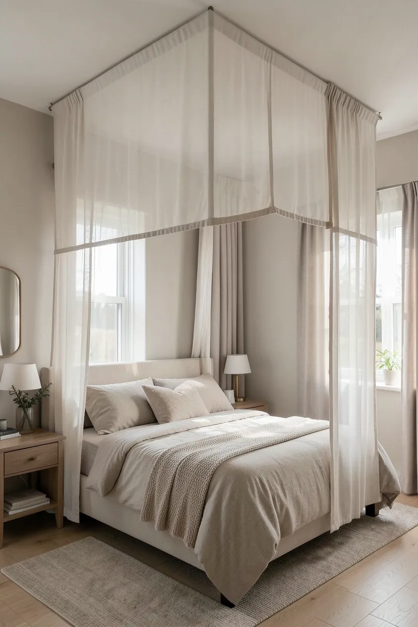 Sheer linen hanging room divider panels separating a sleeping area from a living space in a small studio apartment