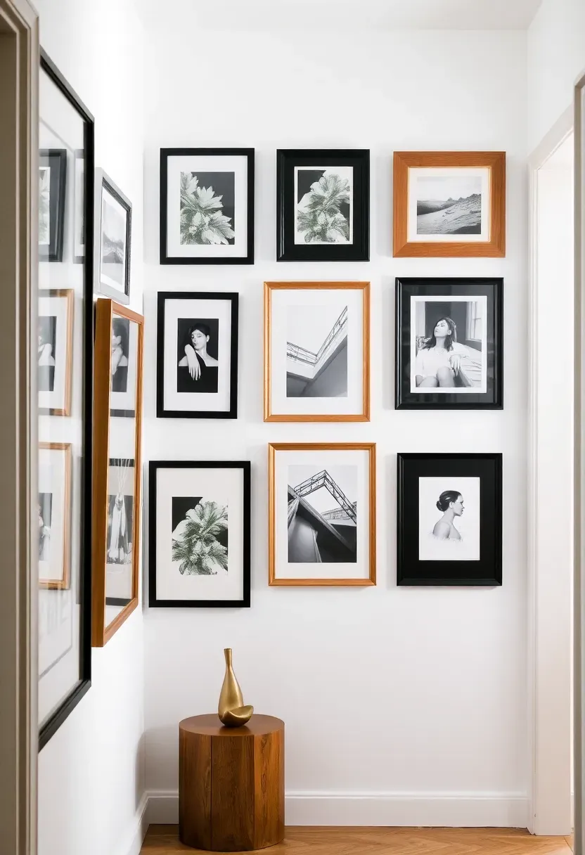 Hallway gallery wall with mixed frame sizes and finishes, including black, natural wood, and gold frames with art prints and photographs