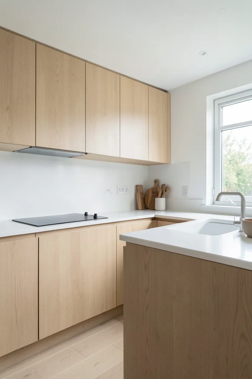 Japandi kitchen cozy window seat with light wood bench, neutral linen cushions, and natural light flooding in