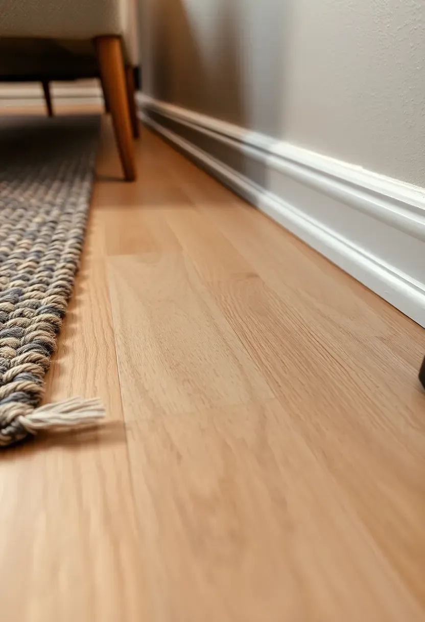 Basement apartment floor with light oak luxury vinyl plank flooring installed over concrete with a visible area rug edge