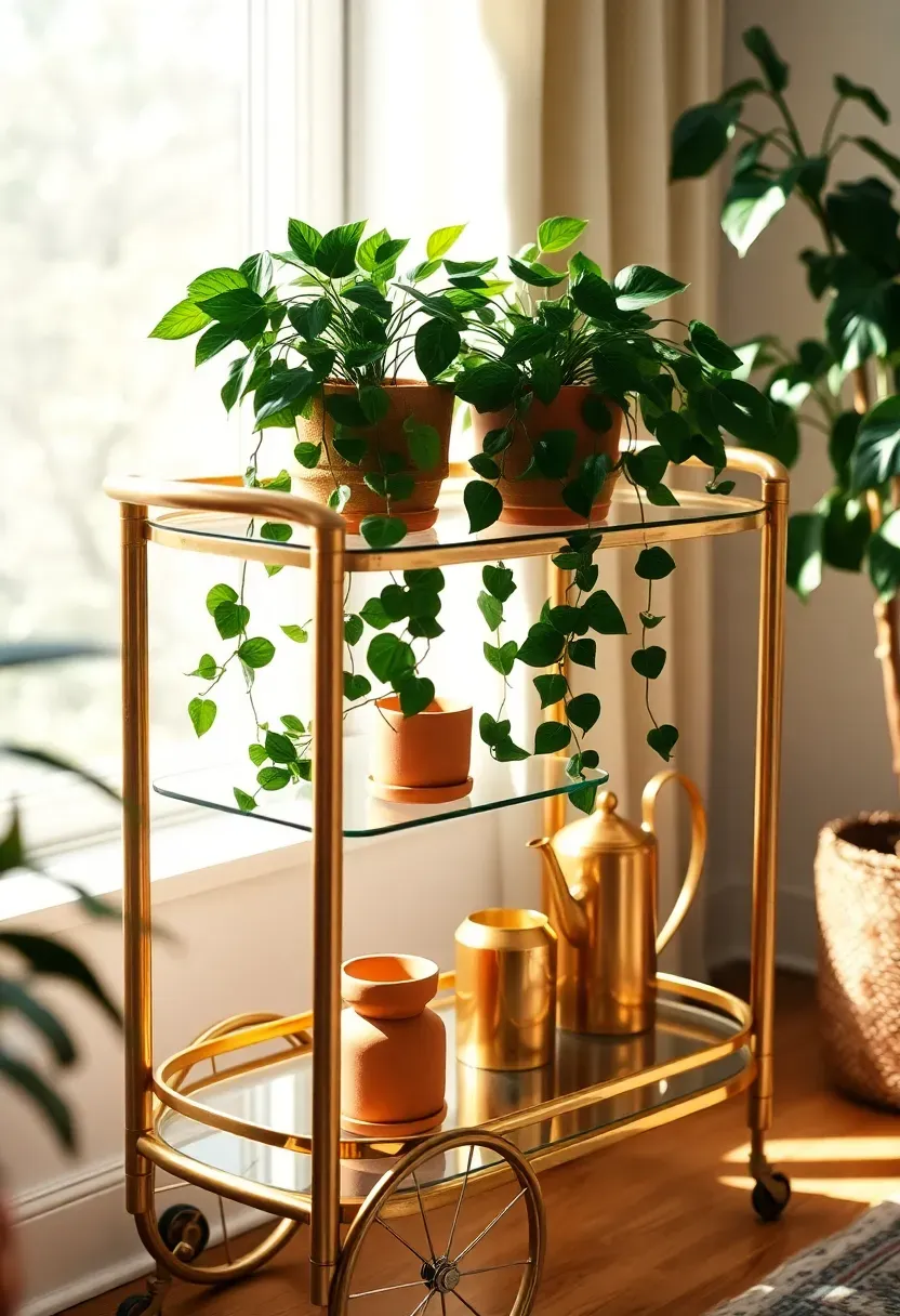 Vintage-style rolling brass bar cart repurposed as a plant stand in a bright apartment sunroom, holding trailing pothos, a compact fern, a watering can, and small terra cotta pots on two tiers