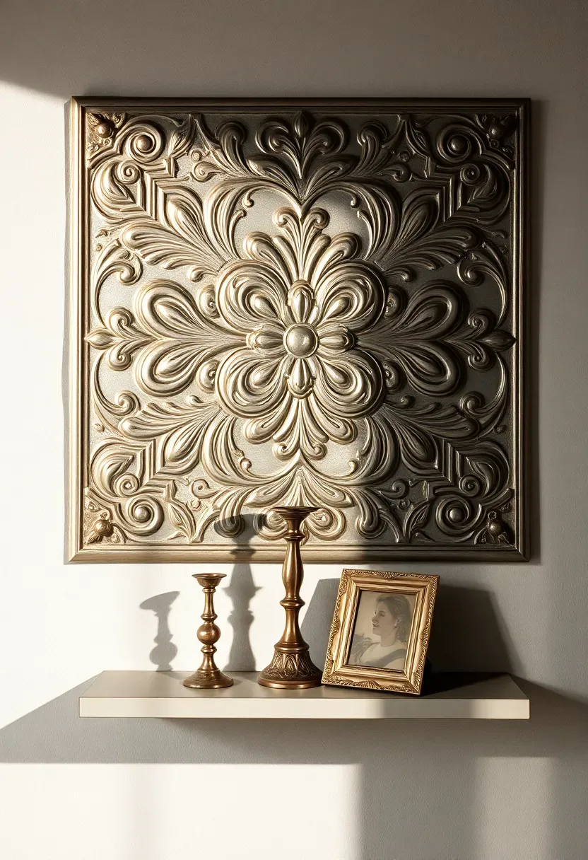 Shelf with tin ceiling tile back panel featuring ornate embossed pattern, holding vintage glass and metalwork objects that echo the tile's texture