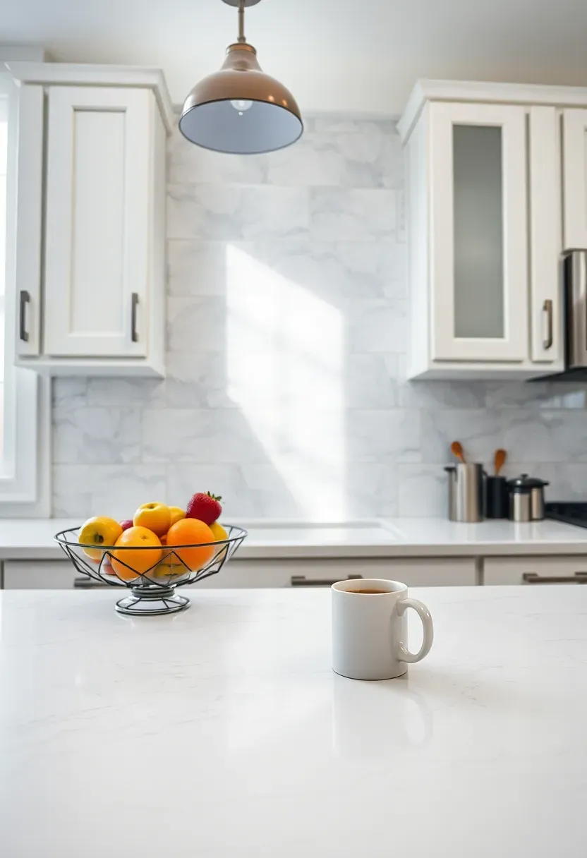 peel and stick marble-look vinyl tile backsplash in a rental kitchen with white cabinets and quartz countertops