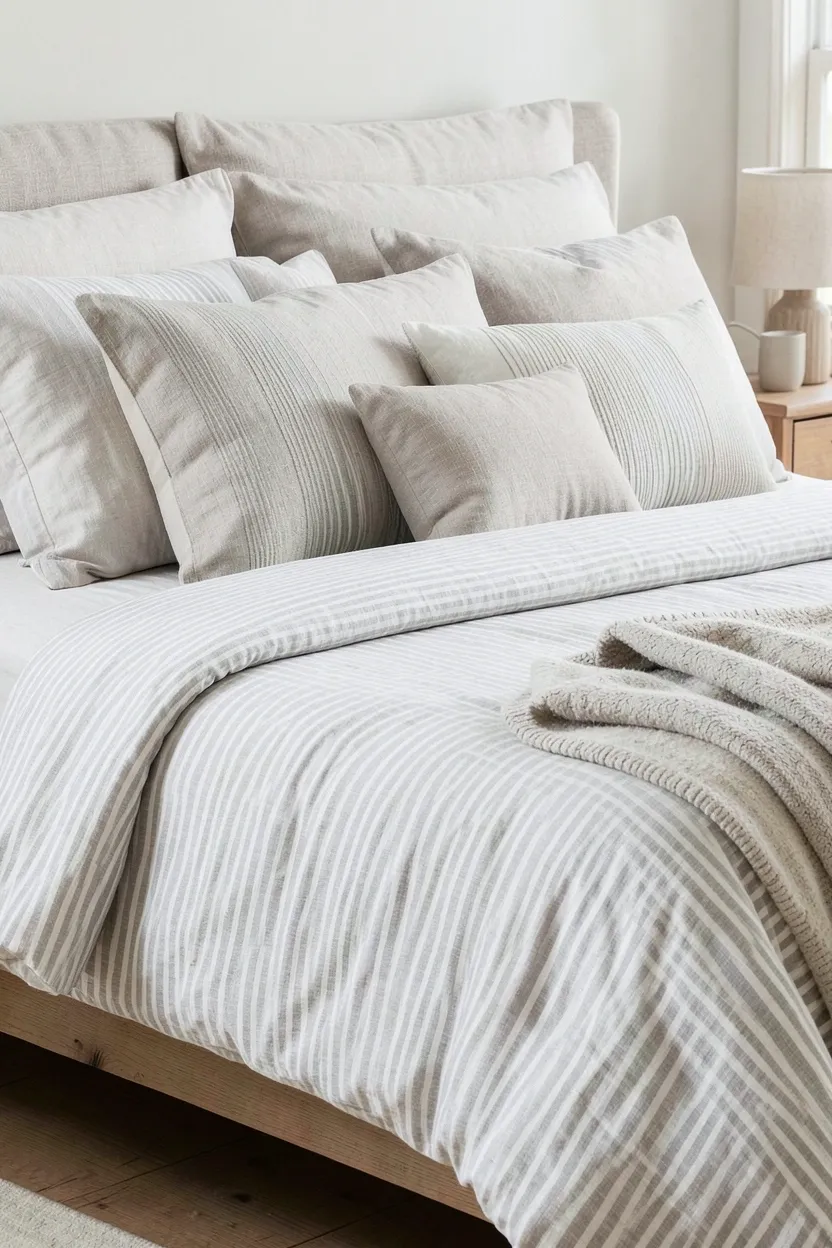 Subtle tonal stripe linen bedding in soft gray and white tones on a bed with wooden frame in a nordic farmhouse bedroom